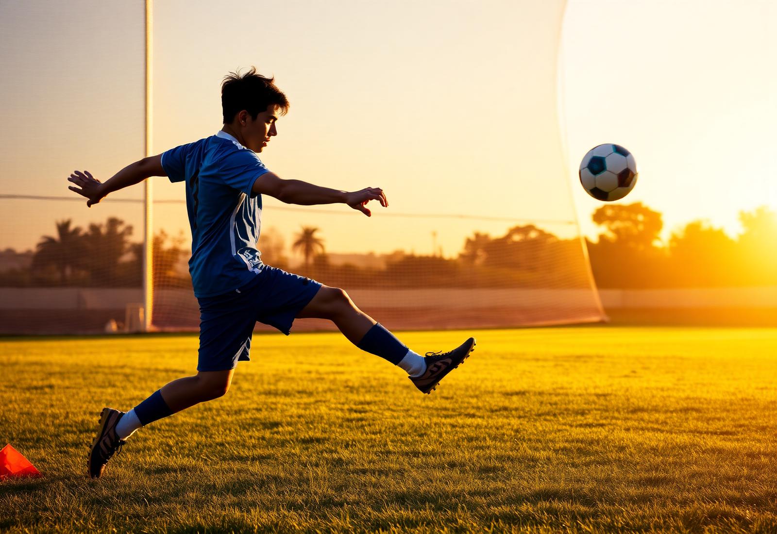 Jovem atleta correndo em campo de futebol ao entardecer